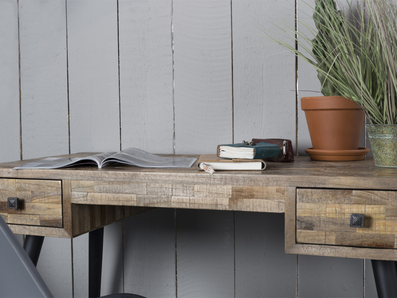 Skrivebord/Sidobord 'Leo' - Teak/Stål
