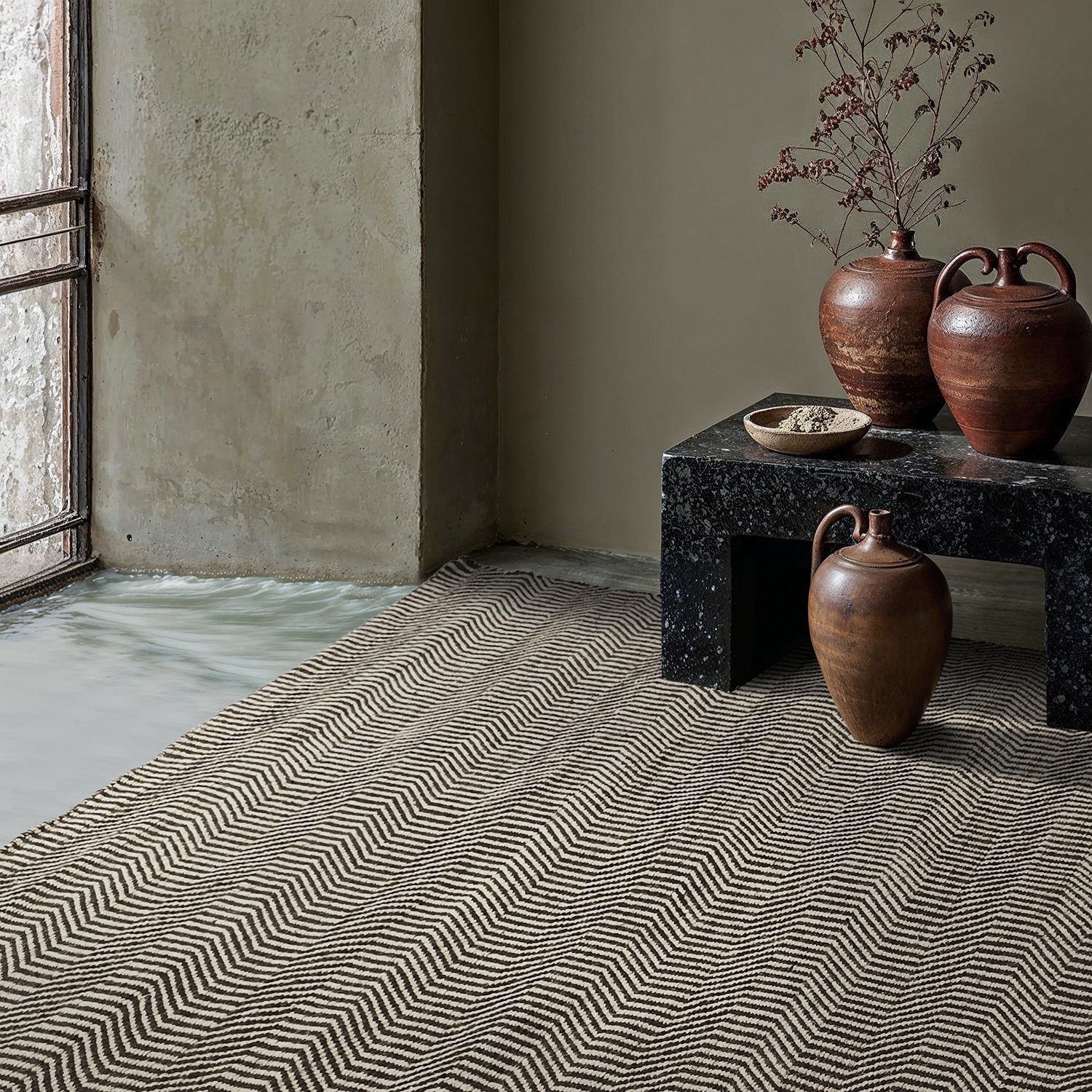 Uldtæppe 'Larkana' - Beige/sort