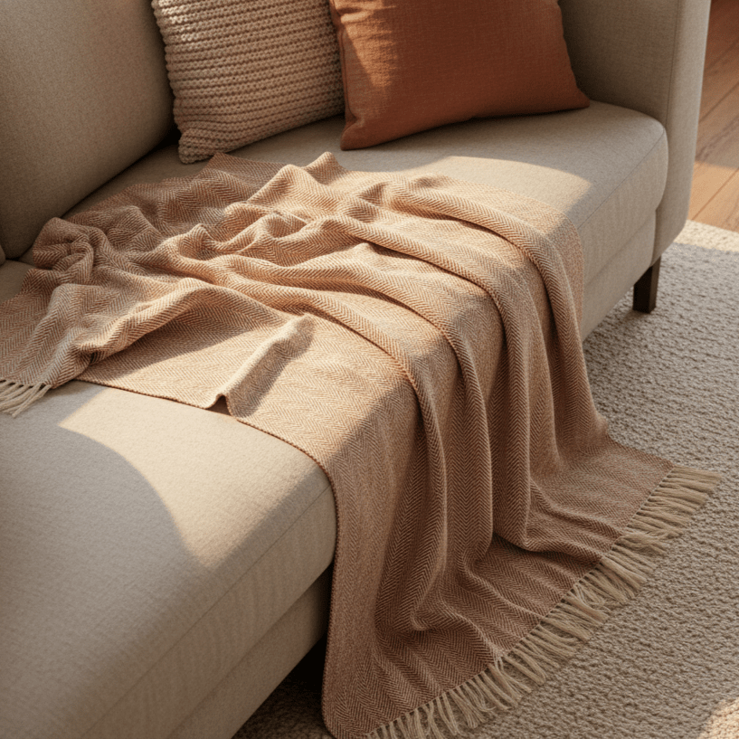 Bomuldstæppe 'Denisa Fishbone' 130x170cm - Brun/hvid