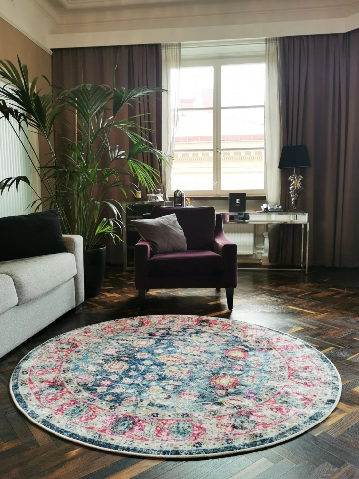Rundt tæppe 'Bouhjar' 200cm - Blå/Rosa/Multi