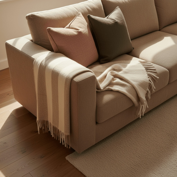 Ternet \'Beatriz Stripe\' 130x170cm - Beige/hvid i gruppen Indretning / Tekstiler / Plaider & tæpper hos Reforma (V10201728)