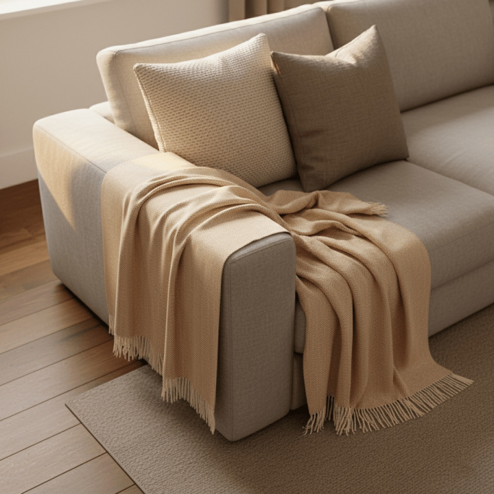 Bomuldstæppe \'Denisa Fishbone\' 130x170cm - Beige/hvid i gruppen Indretning / Tekstiler / Plaider & tæpper hos Reforma (V10201745)